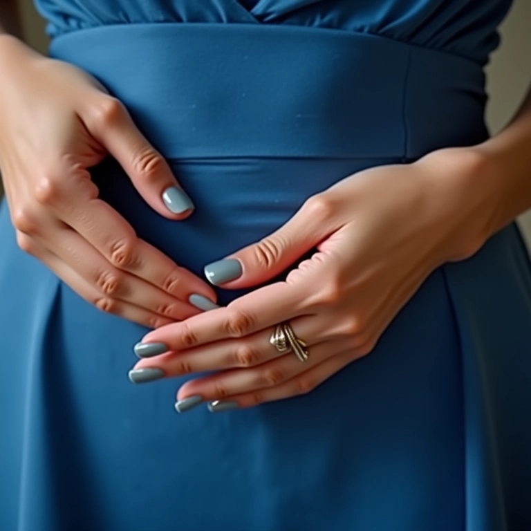 Mãos femininas com esmalte cinza segurando um vestido azul, toque sofisticado e discreto.