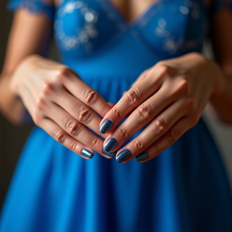 Mãos femininas com esmalte com glitter segurando um vestido azul, toque divertido e brilhante.
