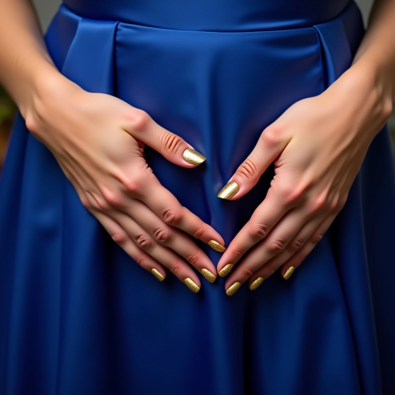 Mãos femininas com esmalte dourado segurando um vestido azul, visual glamouroso e radiante.