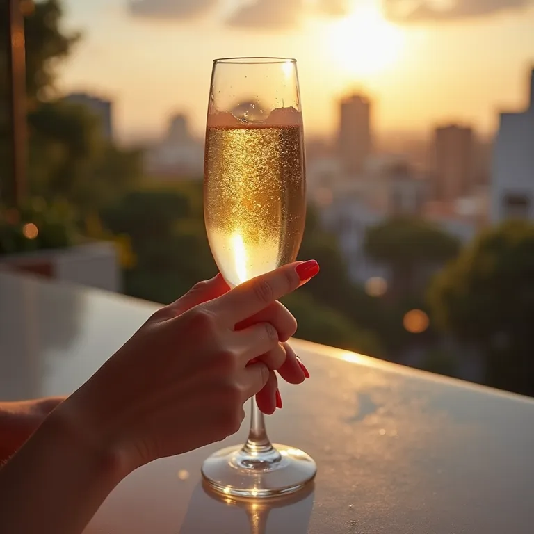 Mãos femininas com esmalte elegante segurando taça de champanhe em bar sofisticado.
