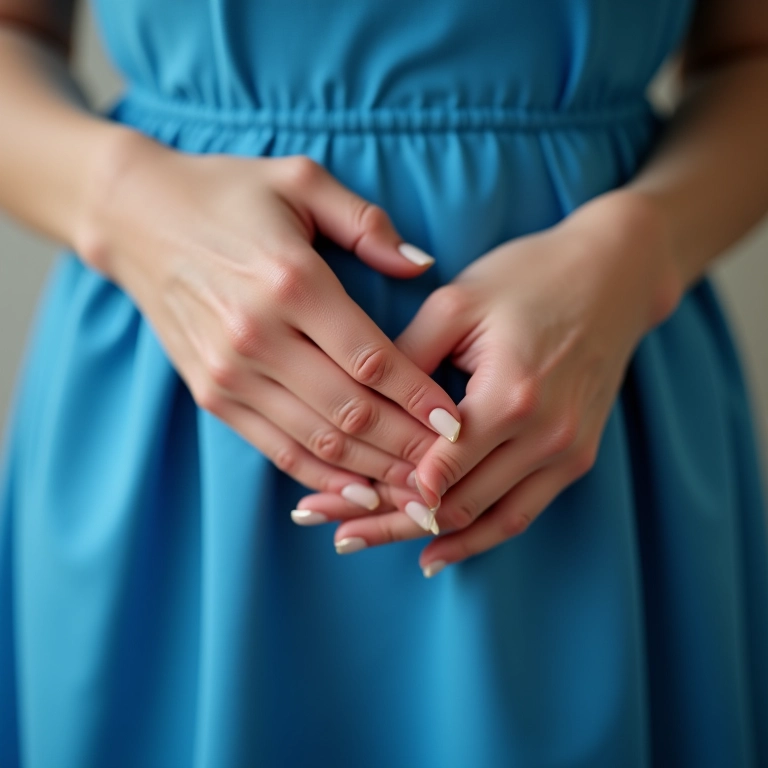 Mãos femininas com esmalte nude segurando um vestido azul, visual elegante e minimalista.