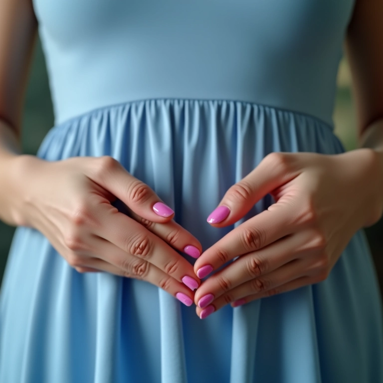 Mãos femininas com esmalte rosa segurando um vestido azul, toque romântico e delicado.