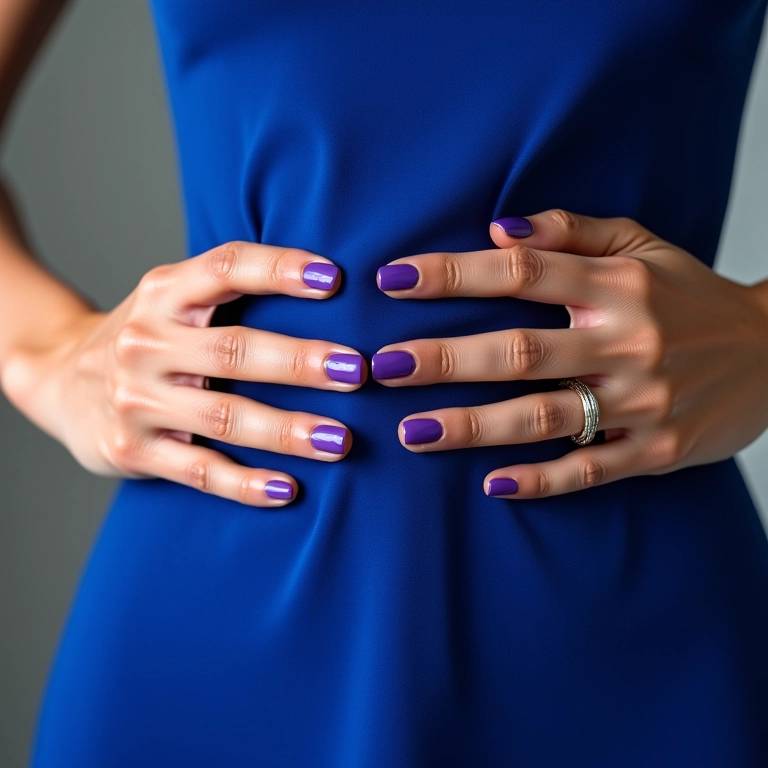 Mãos femininas com esmalte roxo segurando um vestido azul, look moderno e ousado.