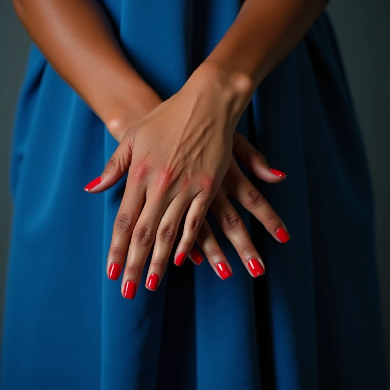 Mãos femininas com esmalte vermelho clássico segurando um vestido azul, visual poderoso e confiante.
