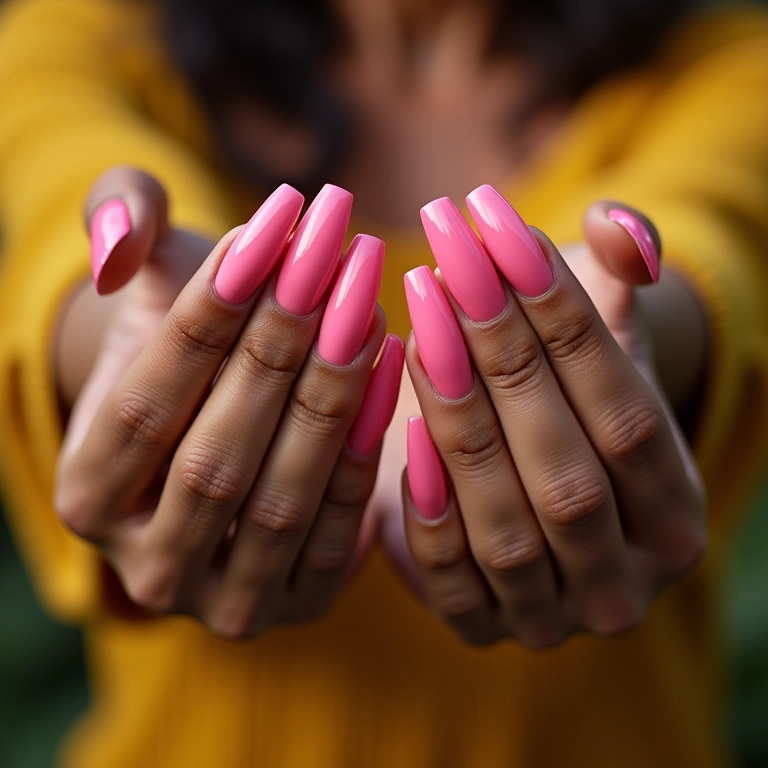 Mãos femininas com unhas de gel bem feitas e coloridas.