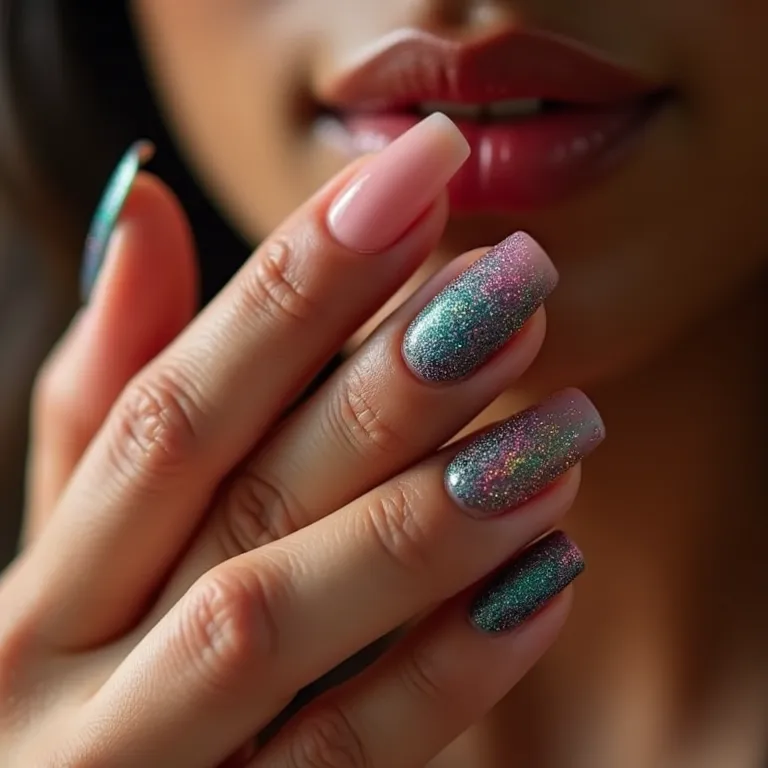 Mãos femininas com unhas de gel festivas para o Ano Novo.