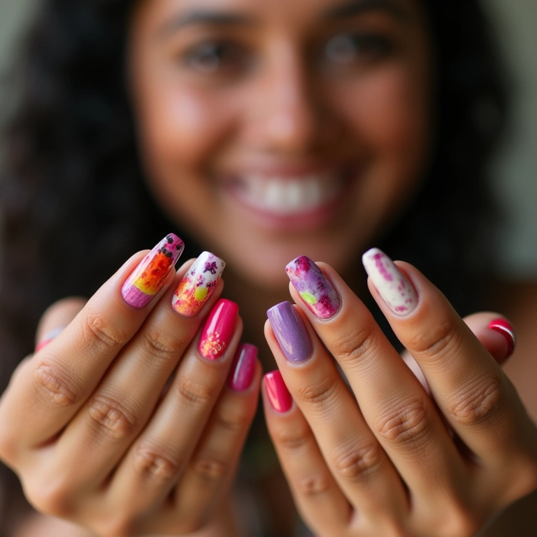 Mãos femininas com unhas decoradas e coloridas, celebrando a beleza da nail art.