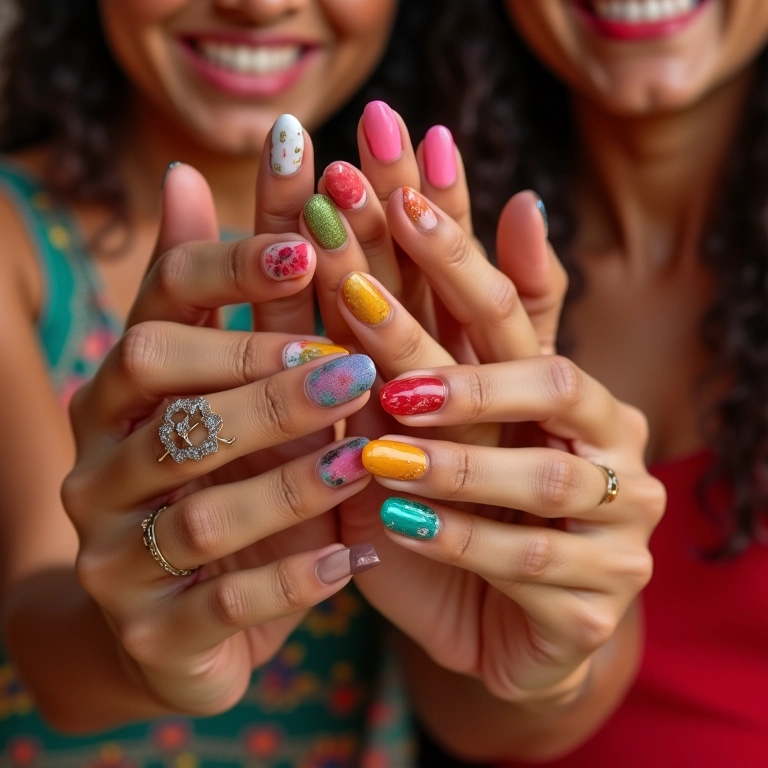 Mãos femininas com unhas decoradas para festa, representando a diversidade brasileira.