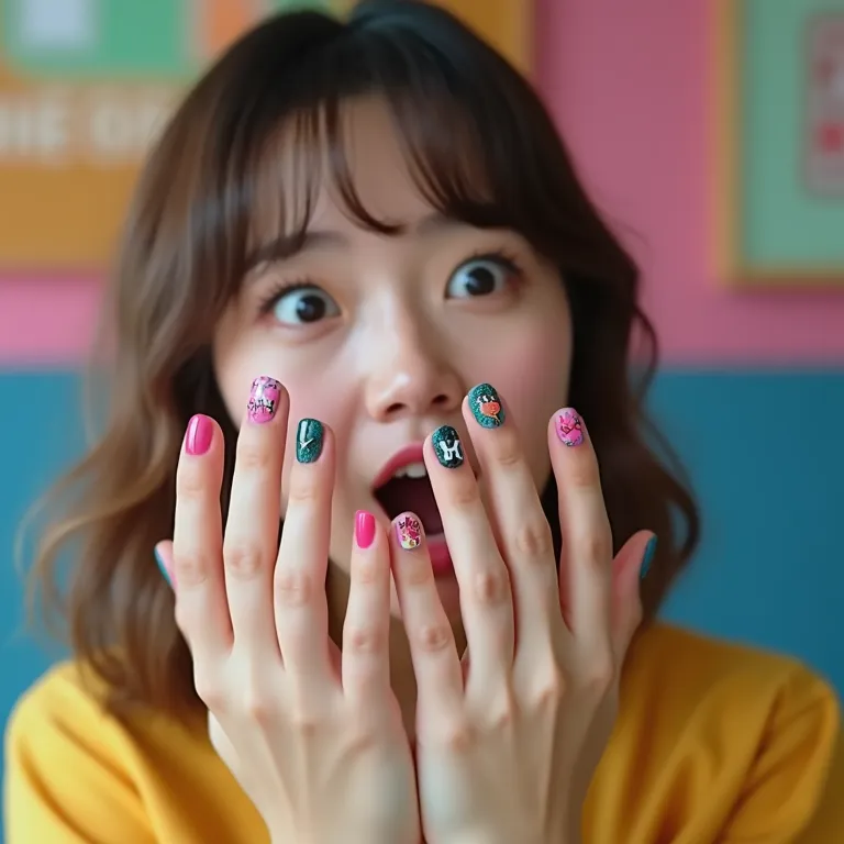 Mãos femininas com unhas Kpop criativas e expressão de surpresa.