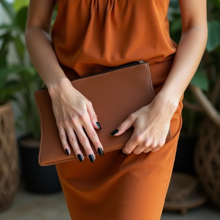 Mãos femininas com unhas quadradas pretas segurando clutch.