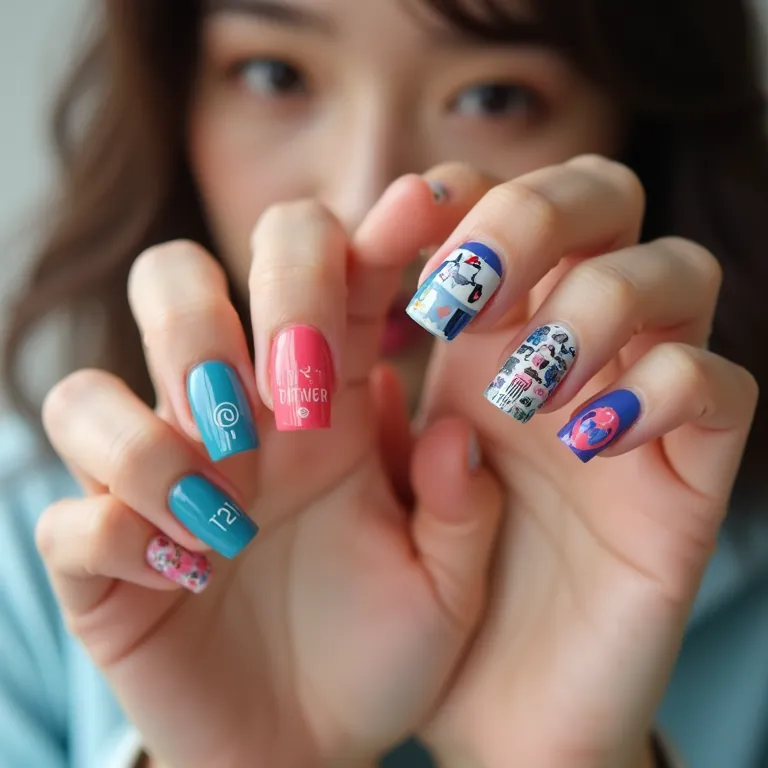 Mãos femininas diversas com unhas decoradas no estilo Kpop, com artes de álbuns, logos de grupos e cores dos fandoms.