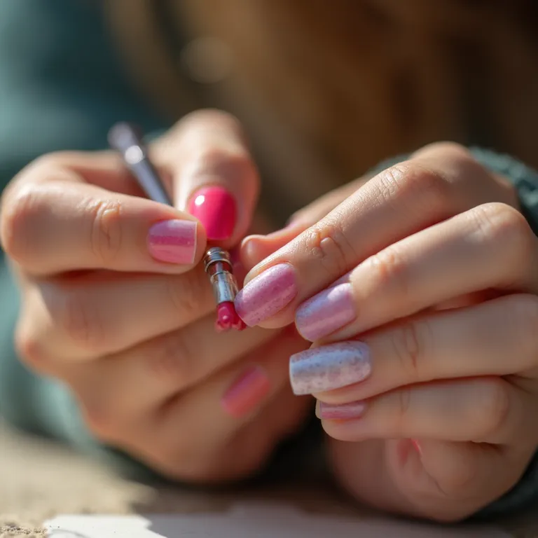 Mãos femininas diversas com unhas recém-feitas e coloridas.