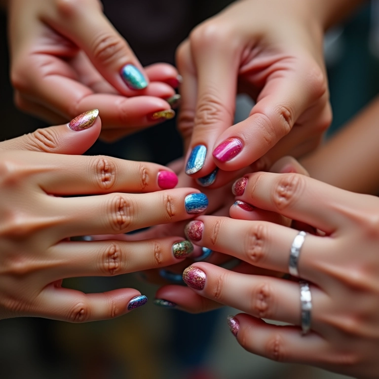 Mãos femininas diversas decorando unhas com diferentes técnicas.