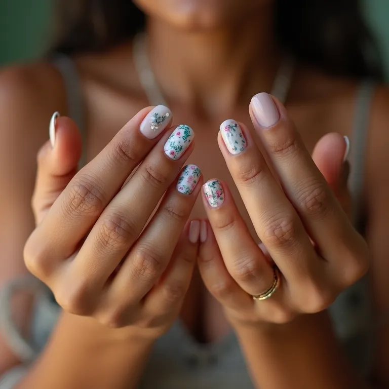 Mãos femininas diversas exibindo unhas curtas com nail art moderna.