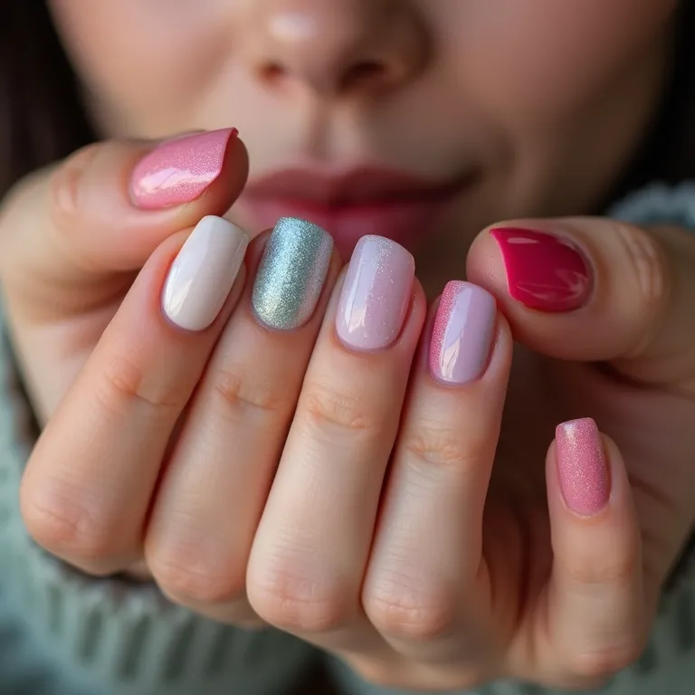Mãos femininas diversas exibindo unhas de gel decoradas com designs variados.
