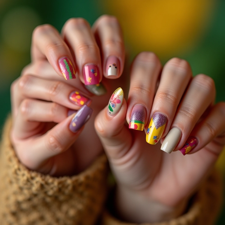Mãos femininas diversas mostrando designs de unhas fáceis e decoradas.