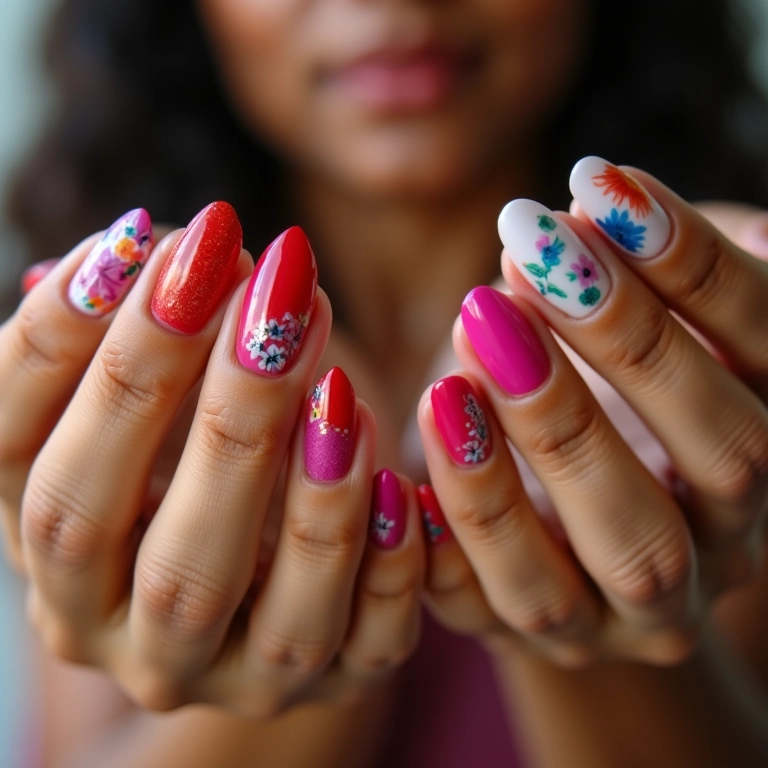 Mãos femininas exibindo unhas decoradas com diferentes estilos.