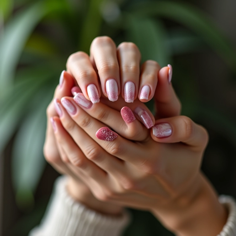 Mãos femininas exibindo unhas degradê.