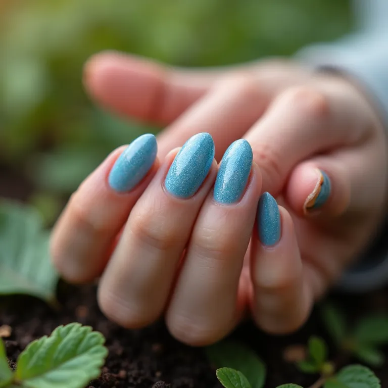 Mãos femininas mostrando a durabilidade de unhas de gel azuis com glitter.