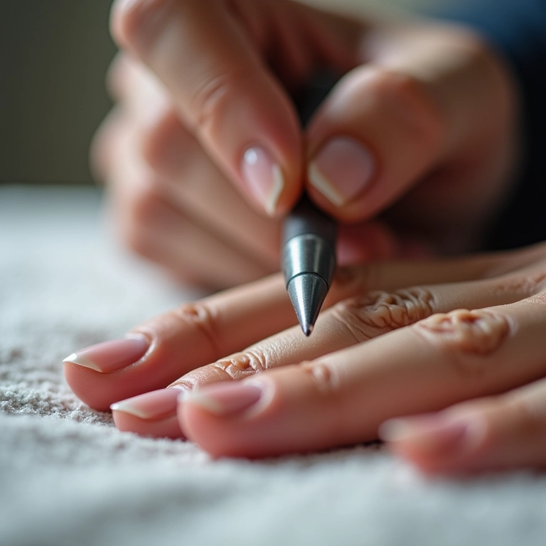 Mãos lixando as unhas com uma lixa de cristal.