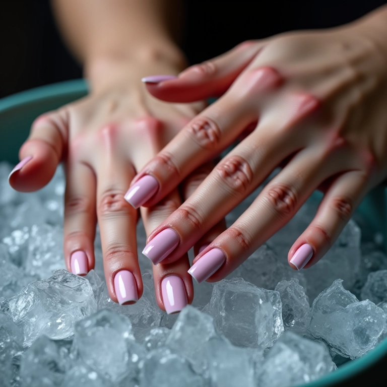 Mãos mergulhadas em água gelada para acelerar a secagem do esmalte.