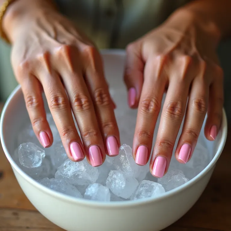 Mãos mergulhando unhas em água gelada.