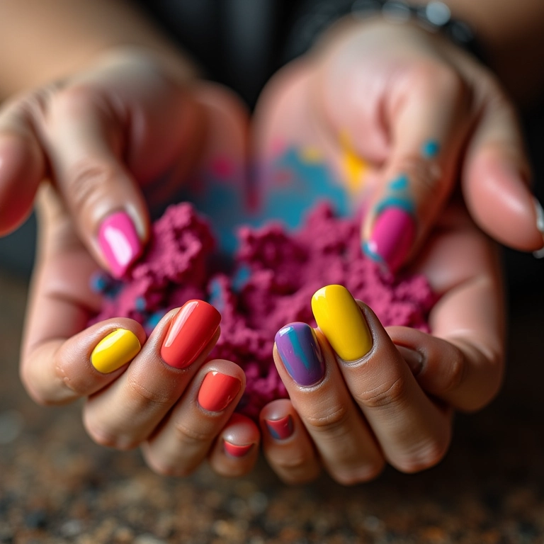 Mãos misturando esmaltes coloridos para criar cores exclusivas.