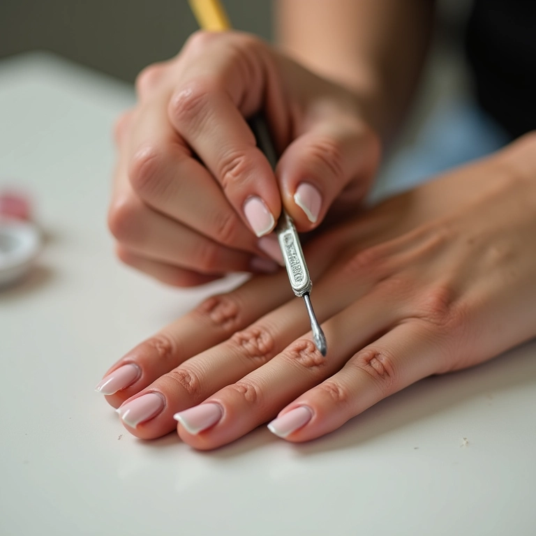 Mãos preparando unhas antes da esmaltação com instrumentos.