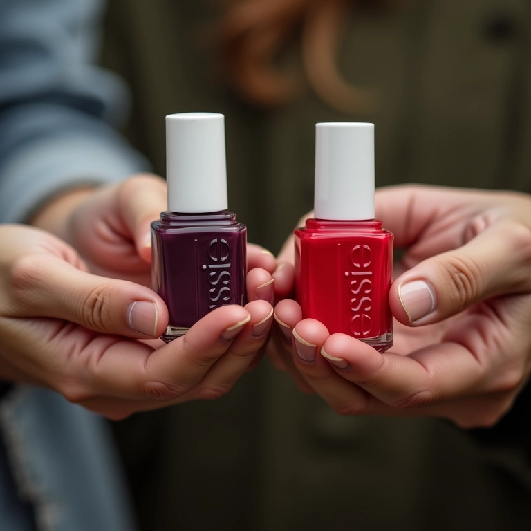Mãos trocando esmaltes Essie trazidos de viagem.