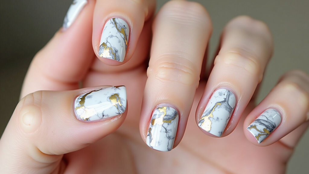 Marbled nail art, white, gold, gray tones, sophisticated effect, lifestyle photography, 8K quality, Unhas marmorizadas com efeito sofisticado.