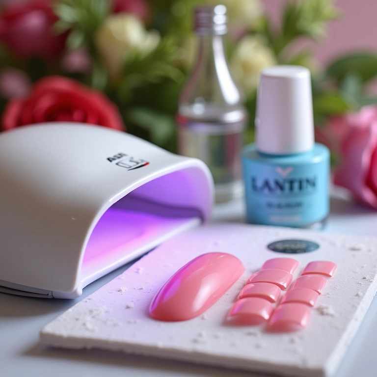 Materiais essenciais para unhas com molde F1: gel, moldes, cabine UV.