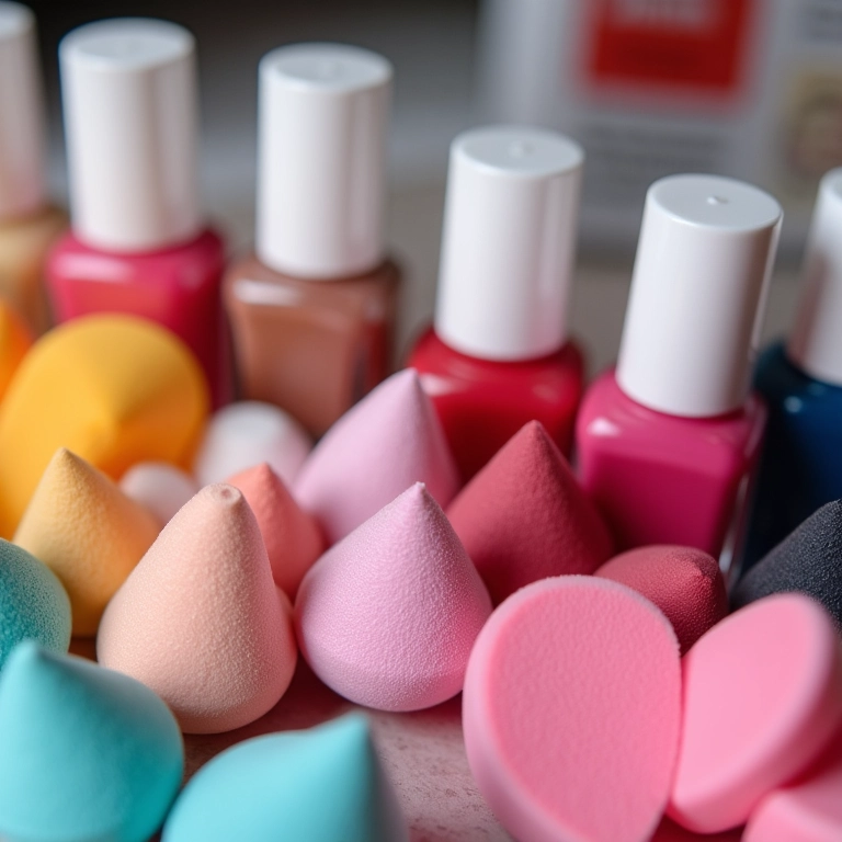 Materiais para fazer esmalte degradê: esponjas, esmaltes.