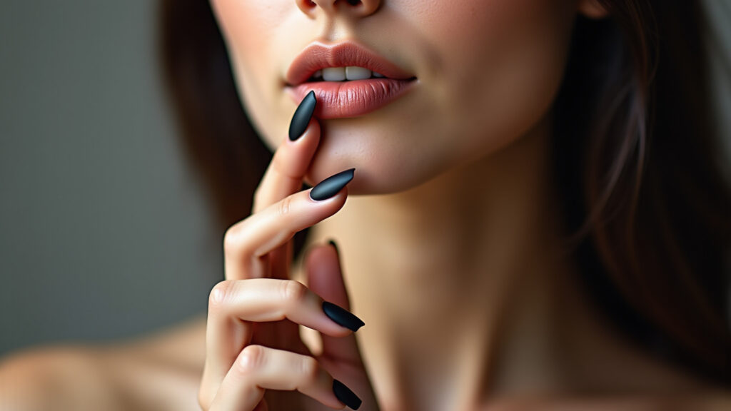 Matte black nails, professional photography, 8K, sharp focus, elegant, Brazilian woman's hand, Unhas pretas com efeito matte.