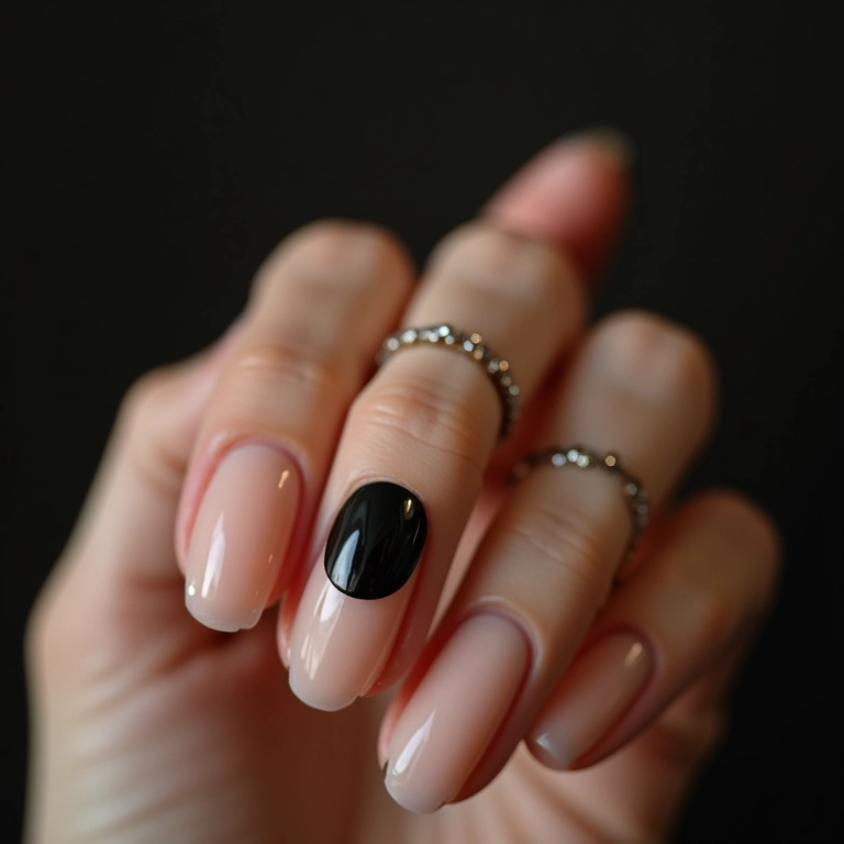 Meia lua preta com base nude em unhas decoradas.