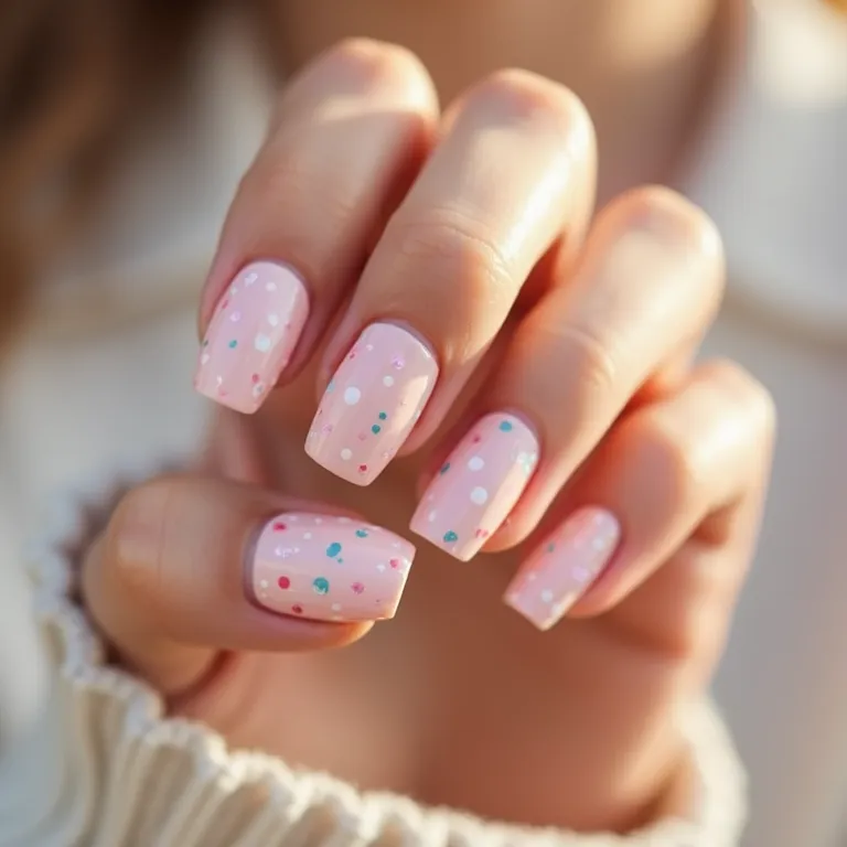 Minimalismo com pontos de cor em unhas curtas.