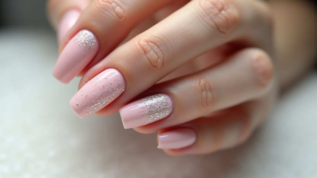 Minimalist Barbie nails with light pink and glitter, delicate and simple, professional photography, Unhas Barbie minimalistas delicadas.