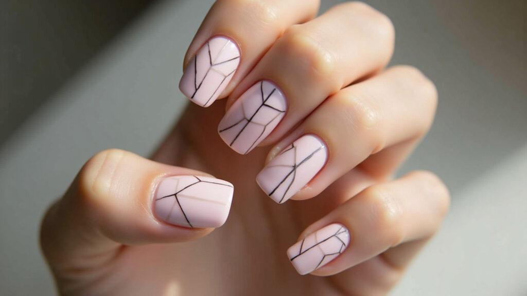 Minimalist nail art, thin lines, neutral colors, geometric details, lifestyle photography, 8K Unhas minimalistas com traços finos e cores neutras.