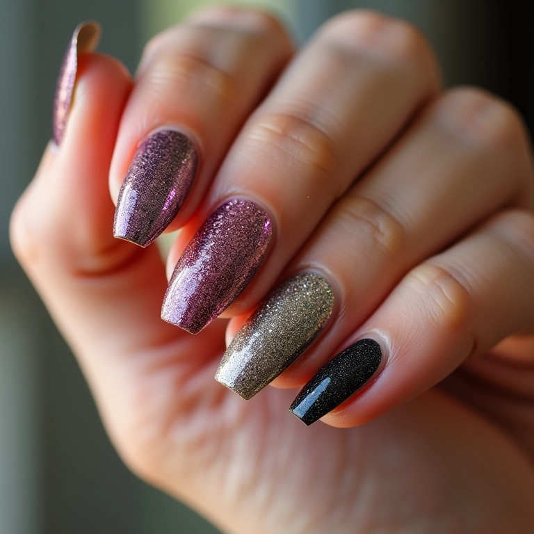 Mistura de glitter em pó com outras técnicas de nail art.
