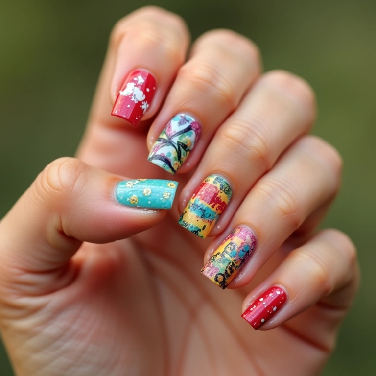 Mix and Match de estampas em unhas quadradas curtas.