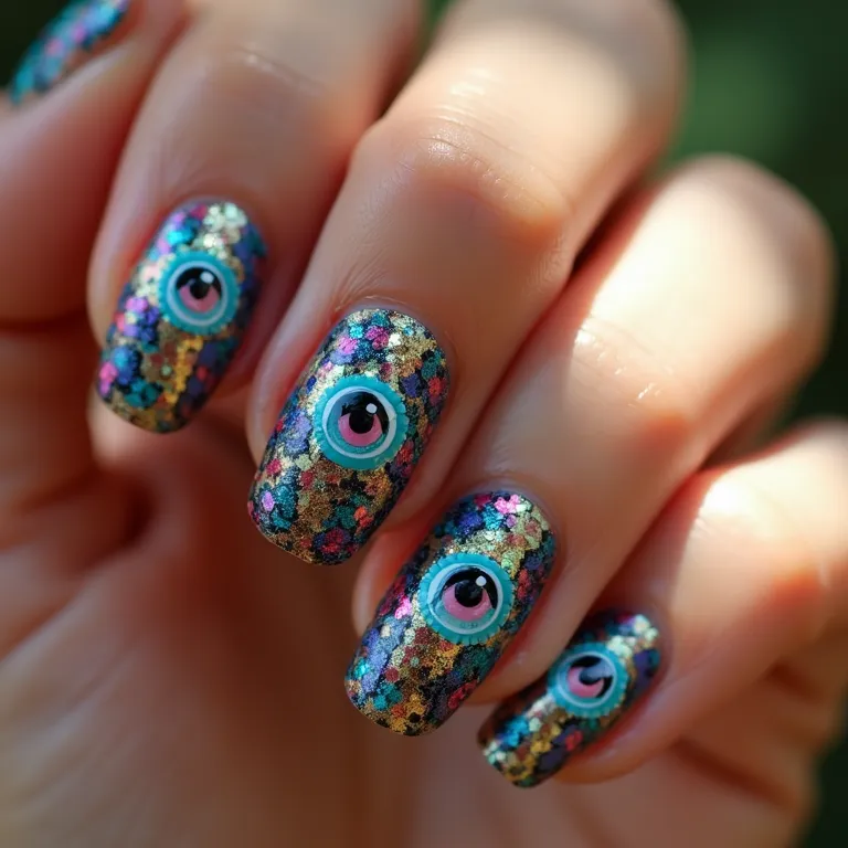 Mix de cores e olho grego: unhas vibrantes e protegidas.