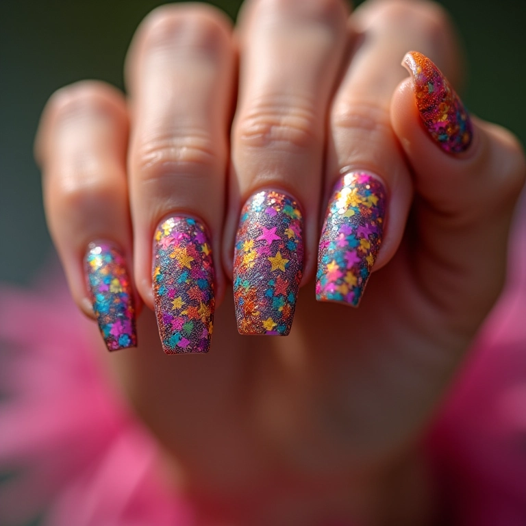Mix de glitters coloridos nas unhas.