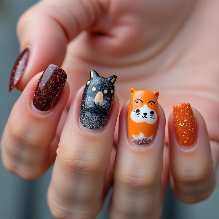 Mix de técnicas em unhas com tema de gato.