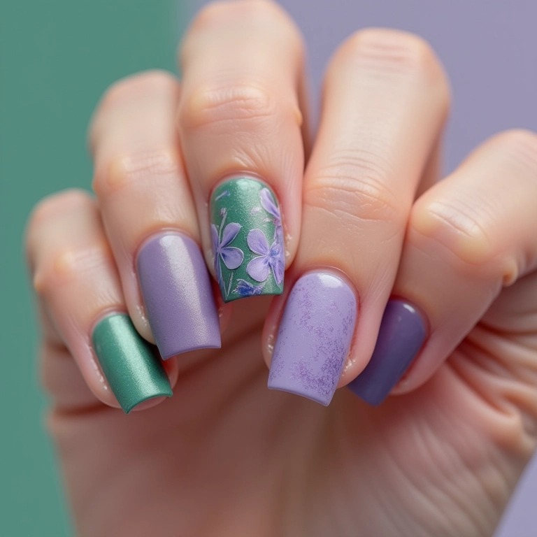 Mix de texturas lilás e verde em unhas.