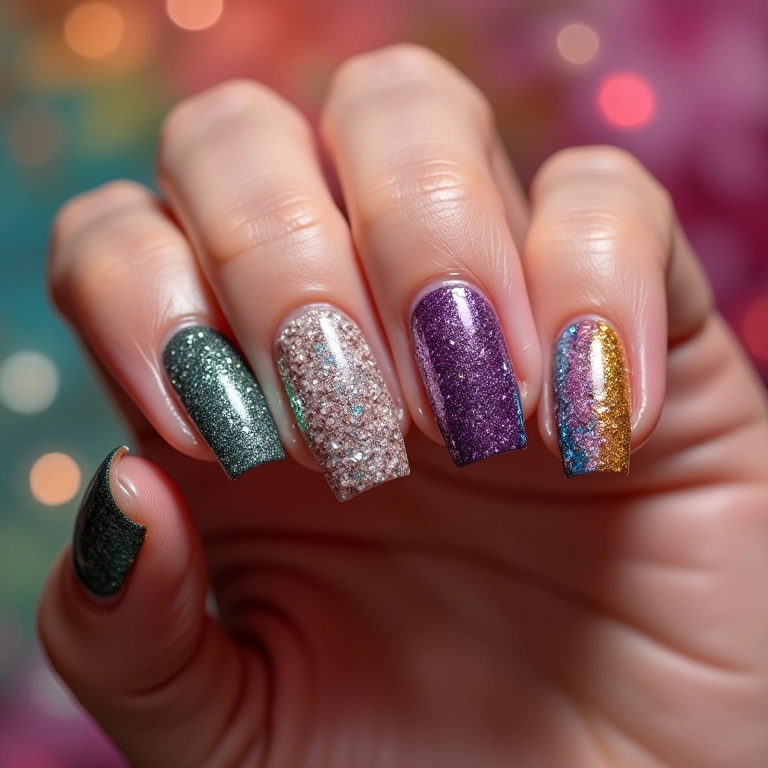 Mix de texturas nas unhas para o Carnaval, glitter, matte e brilho.
