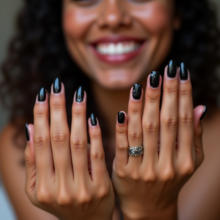 Modelos de unha de gel preta: elegância e estilo marcante em diversas mãos.
