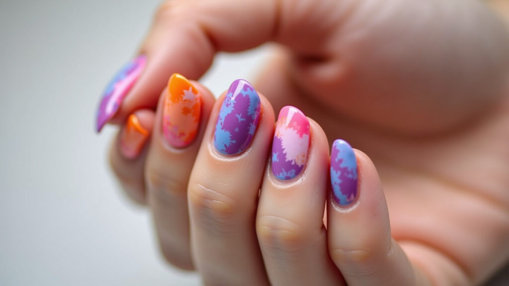 Modern Barbie gradient nails with pink, lilac, and orange, tie-dye effect, professional Unhas Barbie com degradê moderno.
