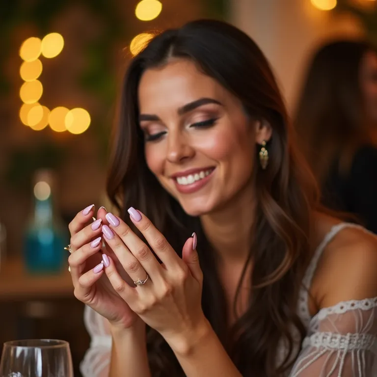 Mulher admirando suas unhas de gel para o Ano Novo.