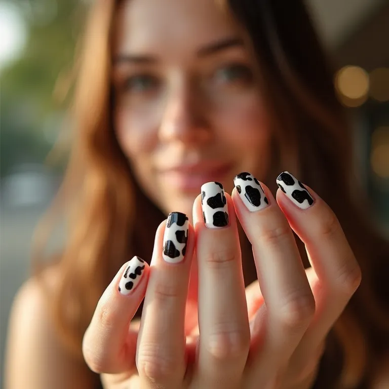 Mulher admirando suas unhas decoradas com estampa de vaca.