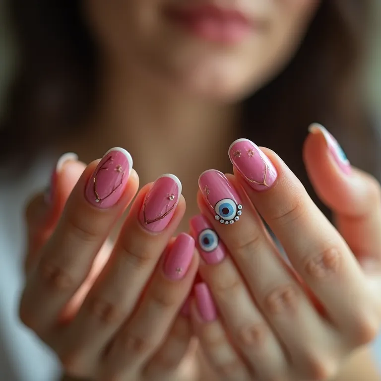 Mulher admirando unhas com design de olho grego.