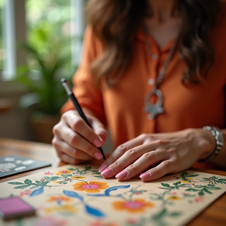 Mulher aplicando adesivos artesanais nas unhas.